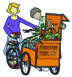 Comic mit 2 Personen und Transportrad